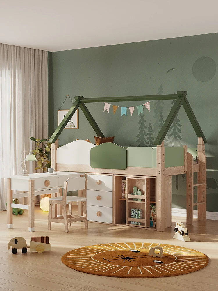 Cool Manju Flying House Bed Solid Wood Tree House Upgradeable Half-high Bed Fraxinus Wood Boys and Girls Room Middle High Bed