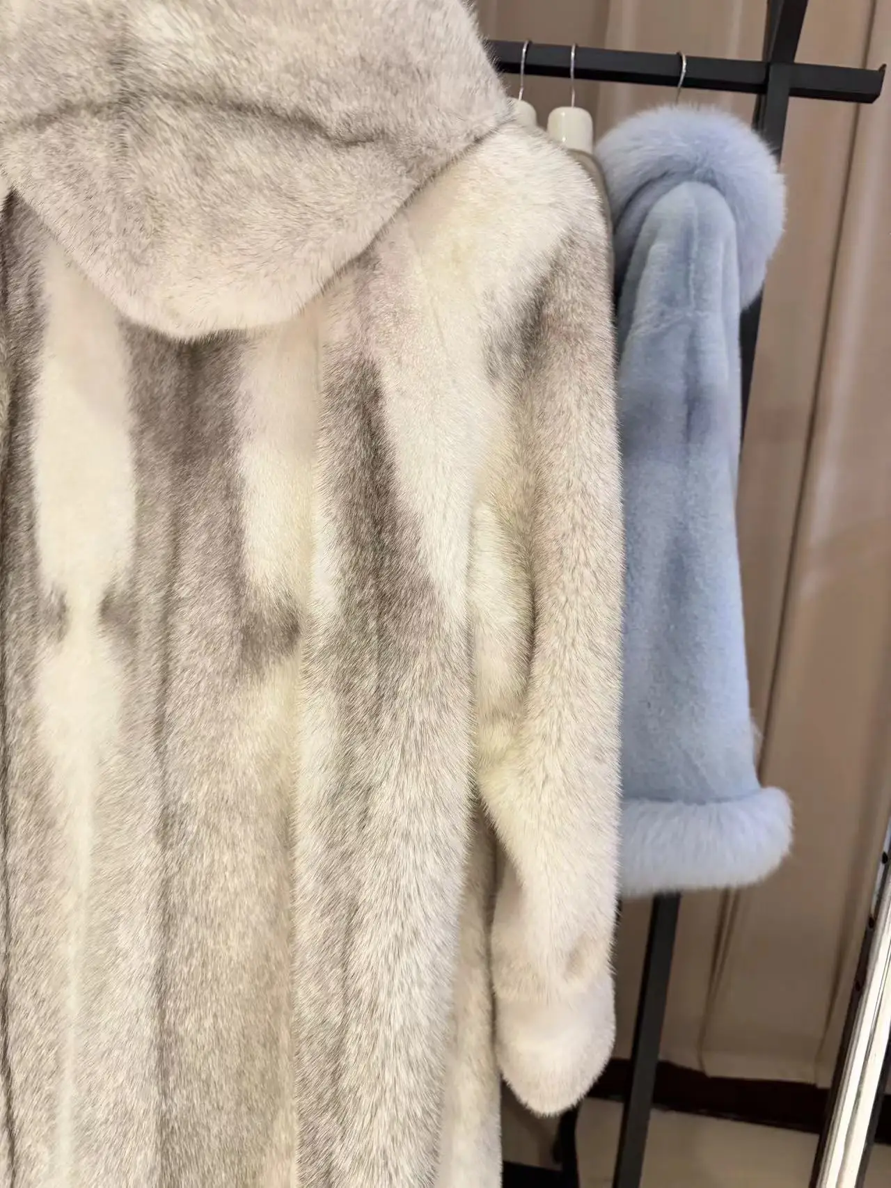 luxury import real natural mink fur coat long with big hood light grey color silver blue cross women beautifu fur coat