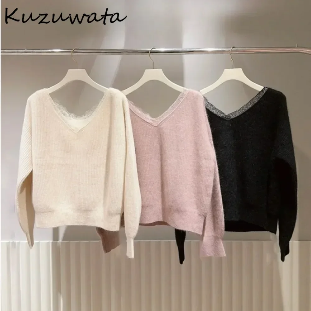 Kuzuwata Moda Sweet V Neck Long Sleeve Lace Knitted Patchwork Loose All-match Knit Top Japan Pullover Literary French Pull Femme