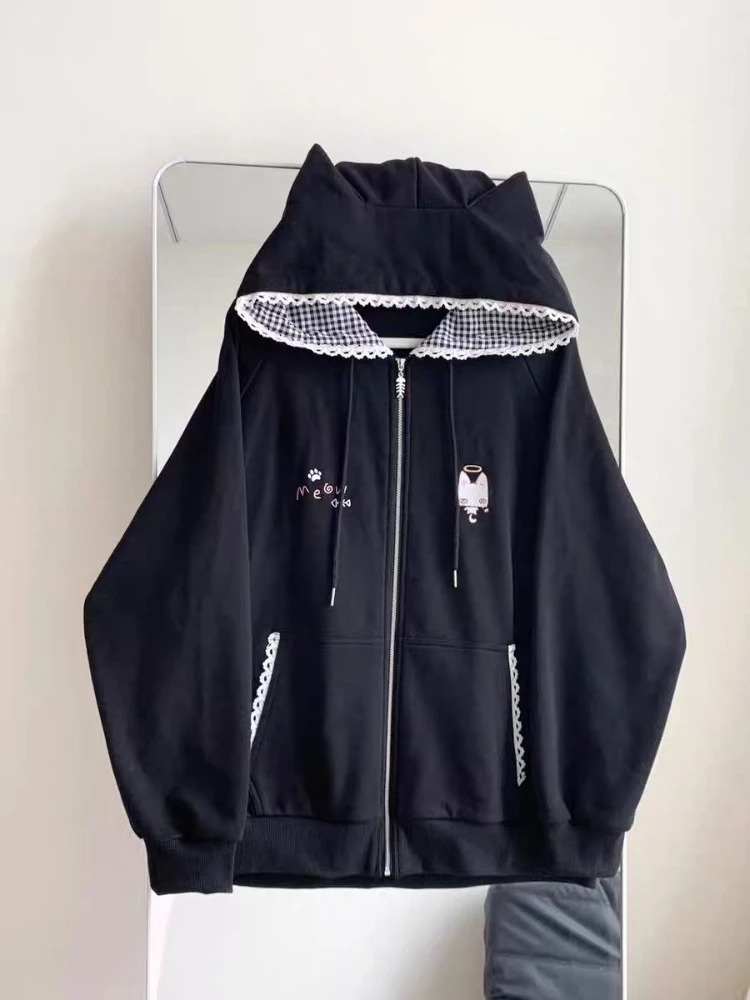 

HOUZHOU Sweet Kawaii Black Women Hoodies Plaid Japanese Style Y2k Cute Cat Ear Cartoon Print Zipper Hooded Sweatshirt Loose