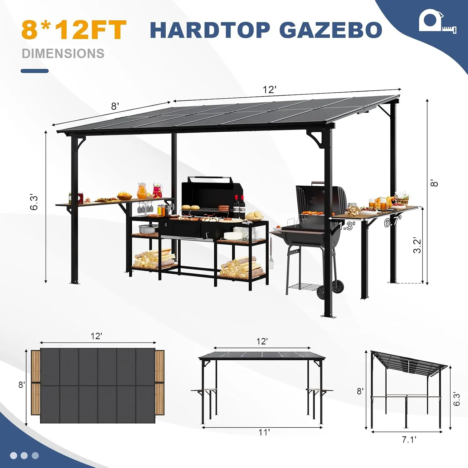 8' x 12' Wall Mounted Gazebo, Outdoor BBQ Grill Gazebo with Side Shelf, Lean to Metal Awnings with Sloped Roof, Heavy Duty Pergo