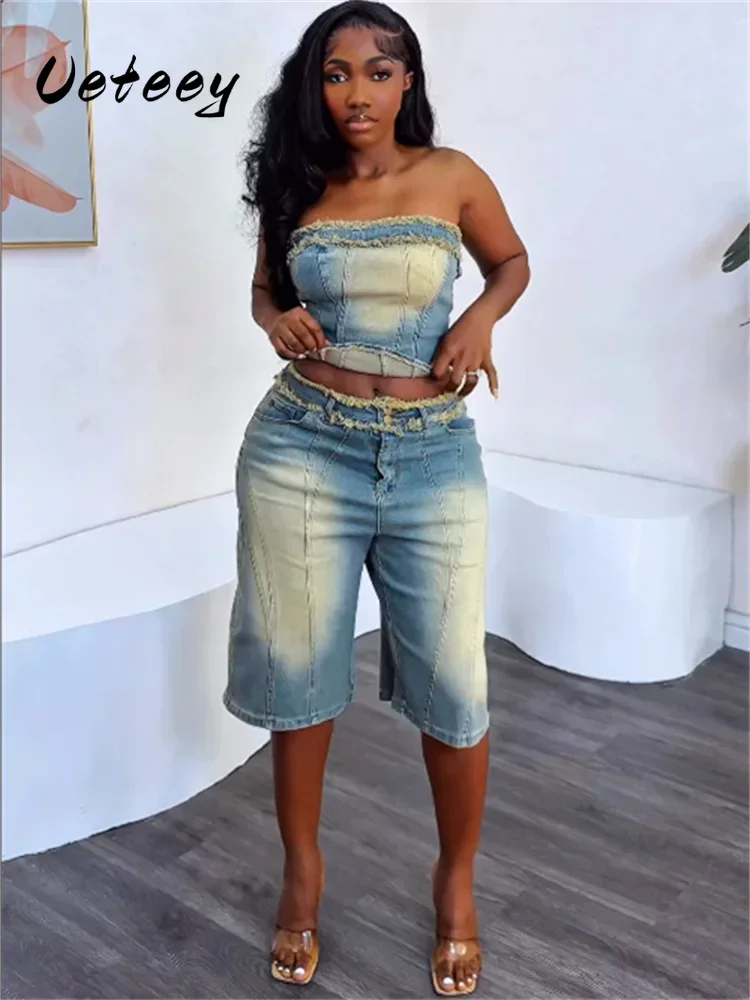 

Ueteey Cowboy 2 Piece Set Women Vintage Hipster Wrap Zip Backless Tube Tops+Button Straight Shorts Sexy Summer Matching Suit