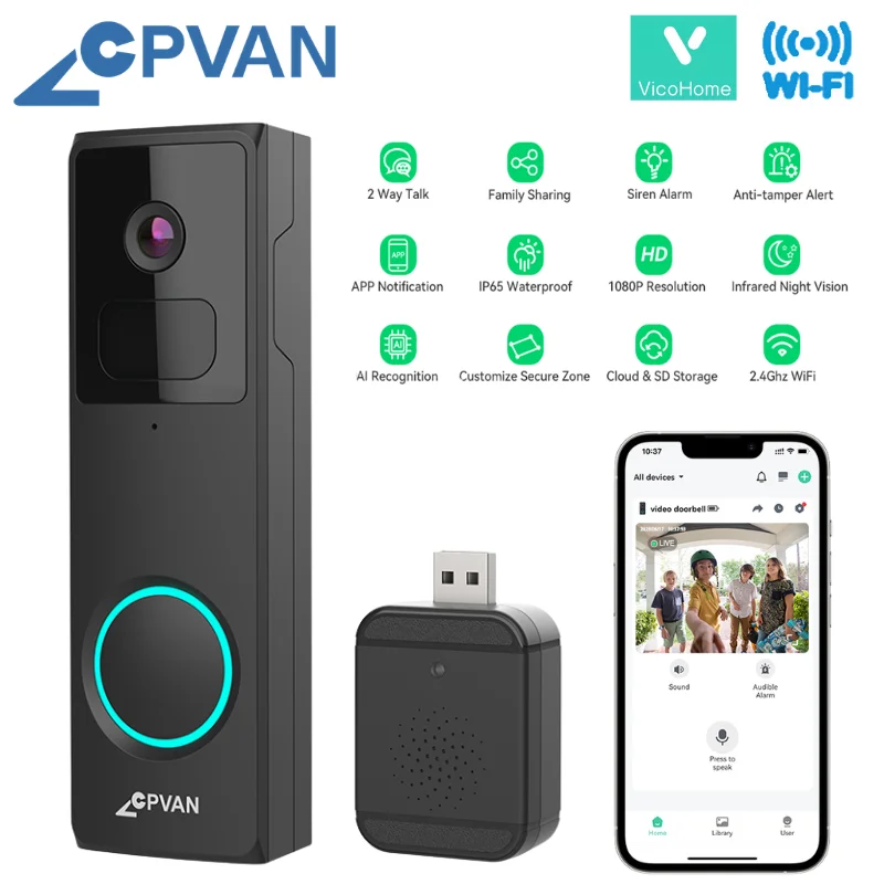 CPVAN Wireless WiFi Outdoor Video Doorbell Home Intercom with 80dB Chime Two Way Audio Camera Detecting Human Animal Package