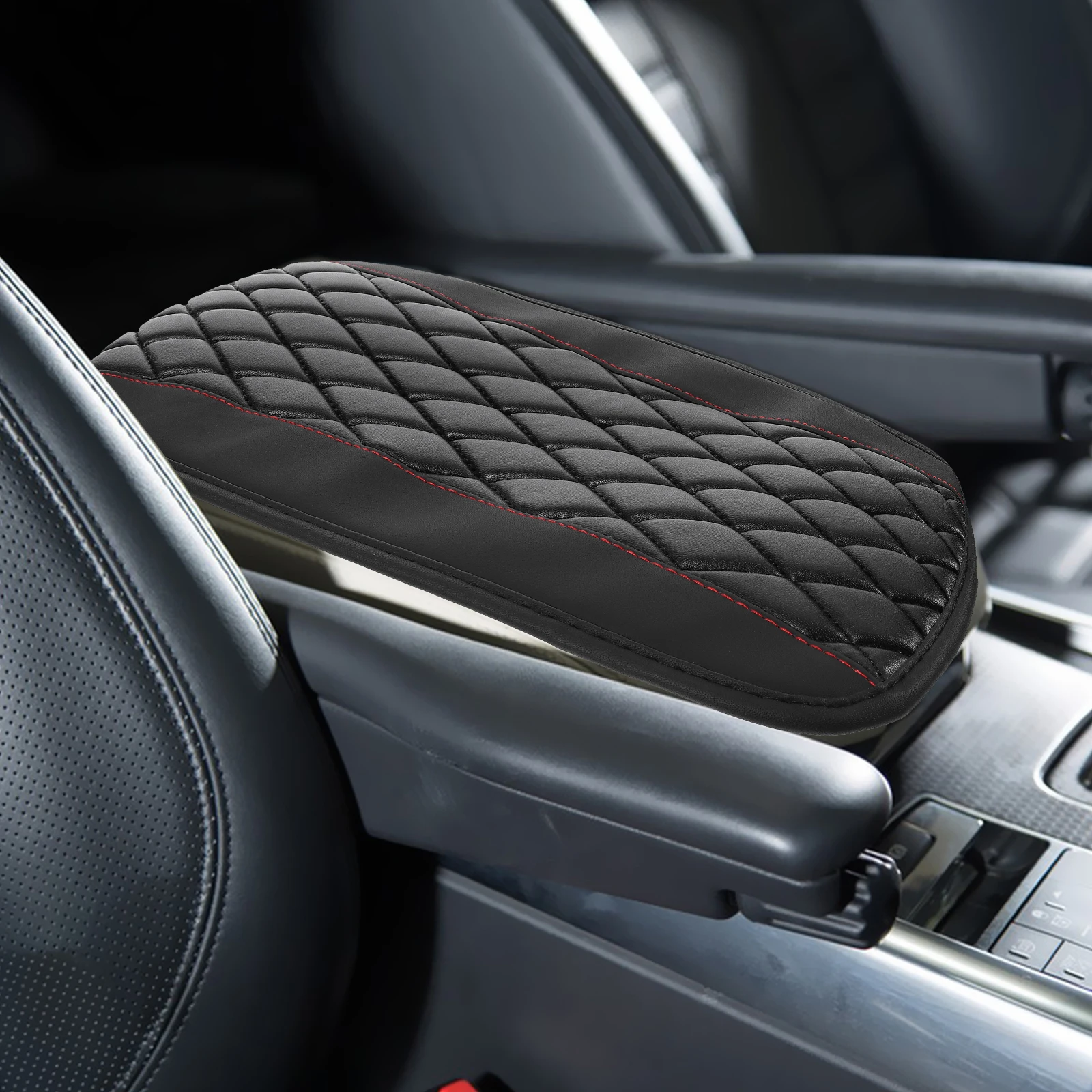 

s Car Armrest Cover Black PU Embroidered Non Slip Durable Waterproof Stain Resistant Console Pad Center Armrest Box