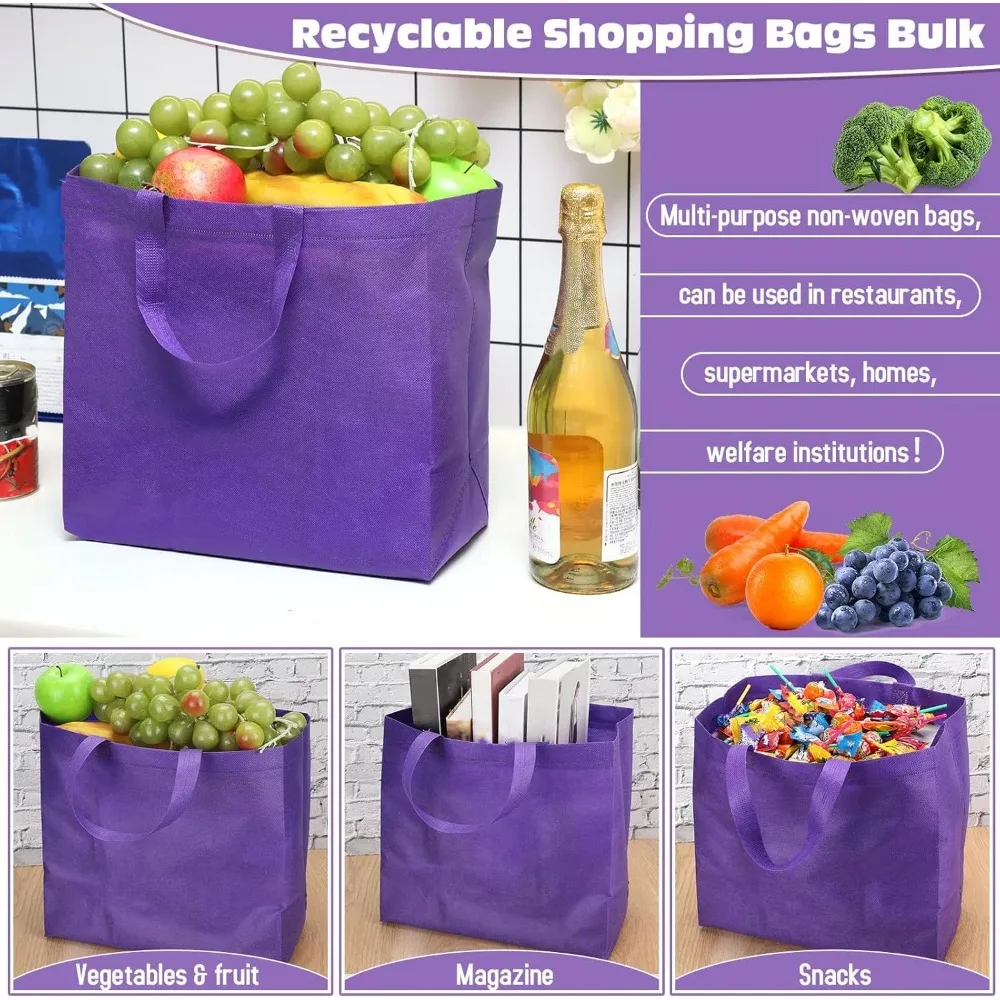 Large Foldable Non-Woven Grocery Bags with Handles, Portable Tote for Bulk Shopping, 12.6 x 11.8 x 6.3 Inch, Reusable and Eco-Fr