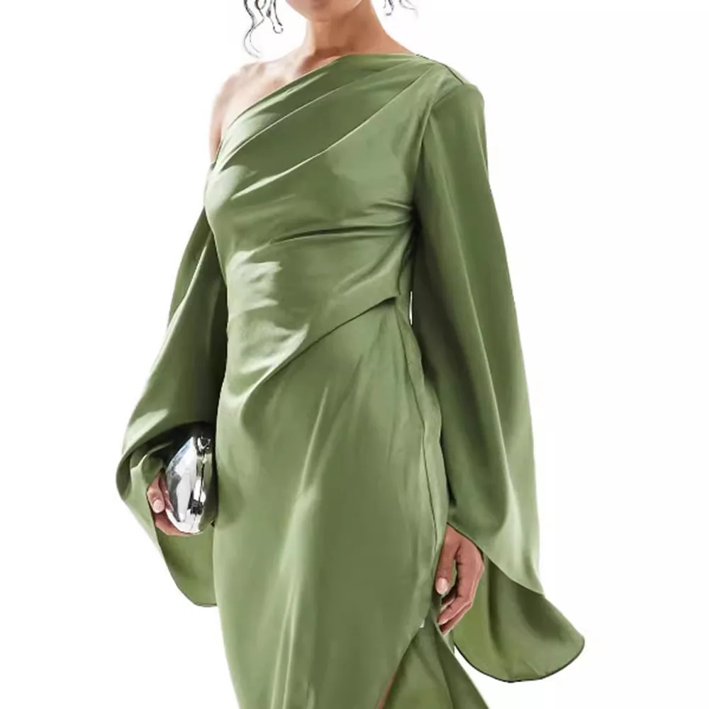 

Women's Elegant Satin Evening Maxi Dress Olive Green One Shoulder Lantern Sleeve Slit Formal Wedding Cocktail Prom Gown Dresses
