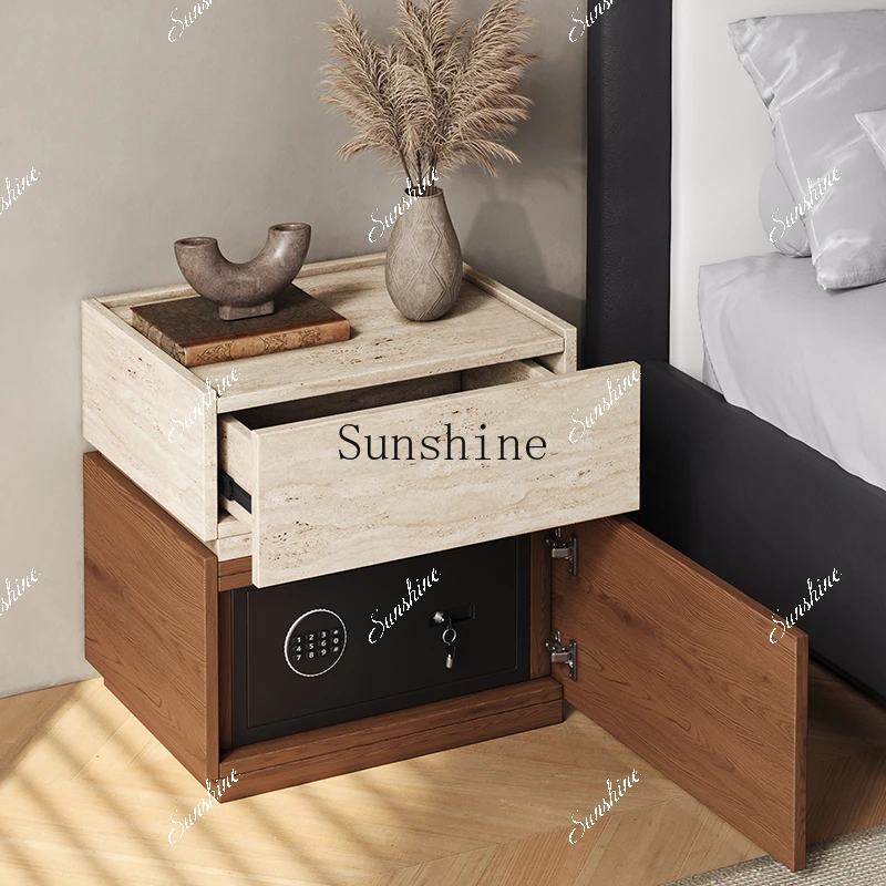 Solid wood bedside table, safe, integrated with password lock, walnut travertine light luxury premium  FT