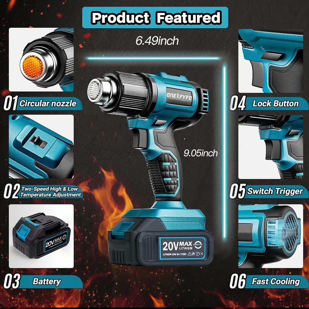 Pistolet à air chaud portatif sans fil, températures réglables avec 3 buses, pistolet thermique électrique pour outil électrique à batterie au Lithium Makita 18V