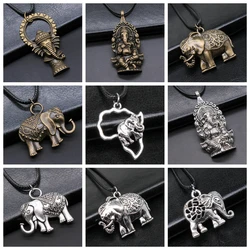 12 Styles Unisex African Elephant Thai Elephant India Ganesha Pendant Necklace Black Leather Cord Necklace