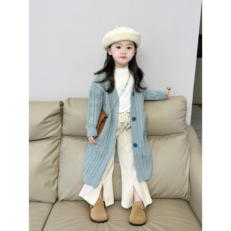 

Girls sweater coats 2025 autumn New Arrival Stylish loose Long Mist Blue solid color Knit Cardigan Sweater Jacket