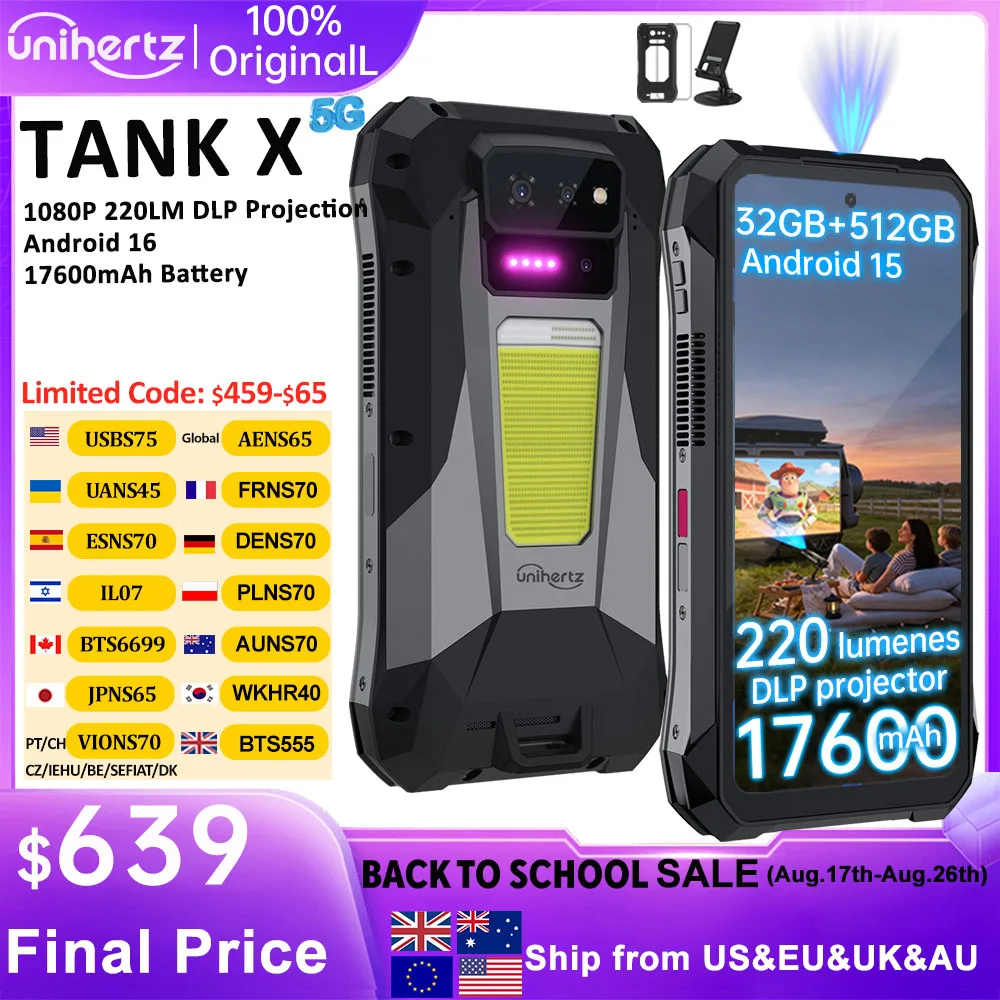 EU US Shipment Unihertz by 8849 TANK X Rugged Smartphone 5G Android 15 Built-in 1080P 220 Lumen DLP Projection 17600mah 32 512GB