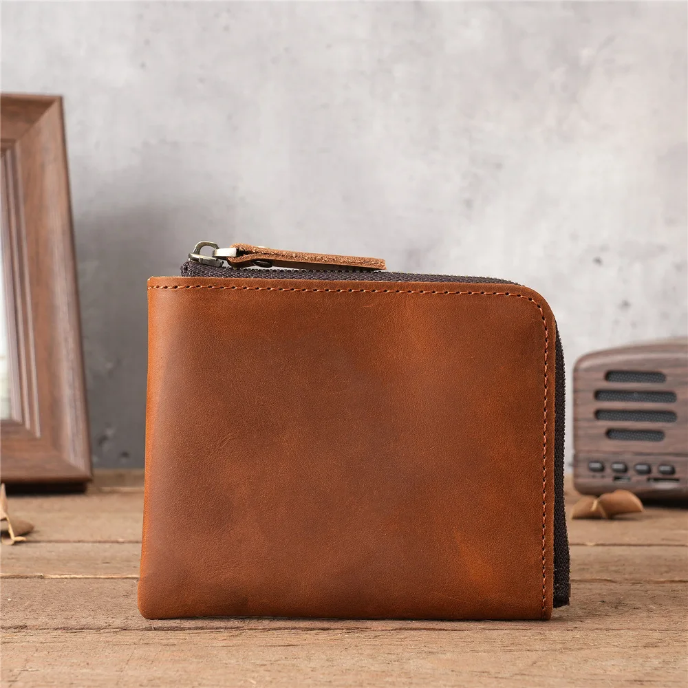 1136 Unisex Leather Short Wallet Retro Top Layer Cow Pickup Bag Black Zipper Crazy Horse Leather Wallet