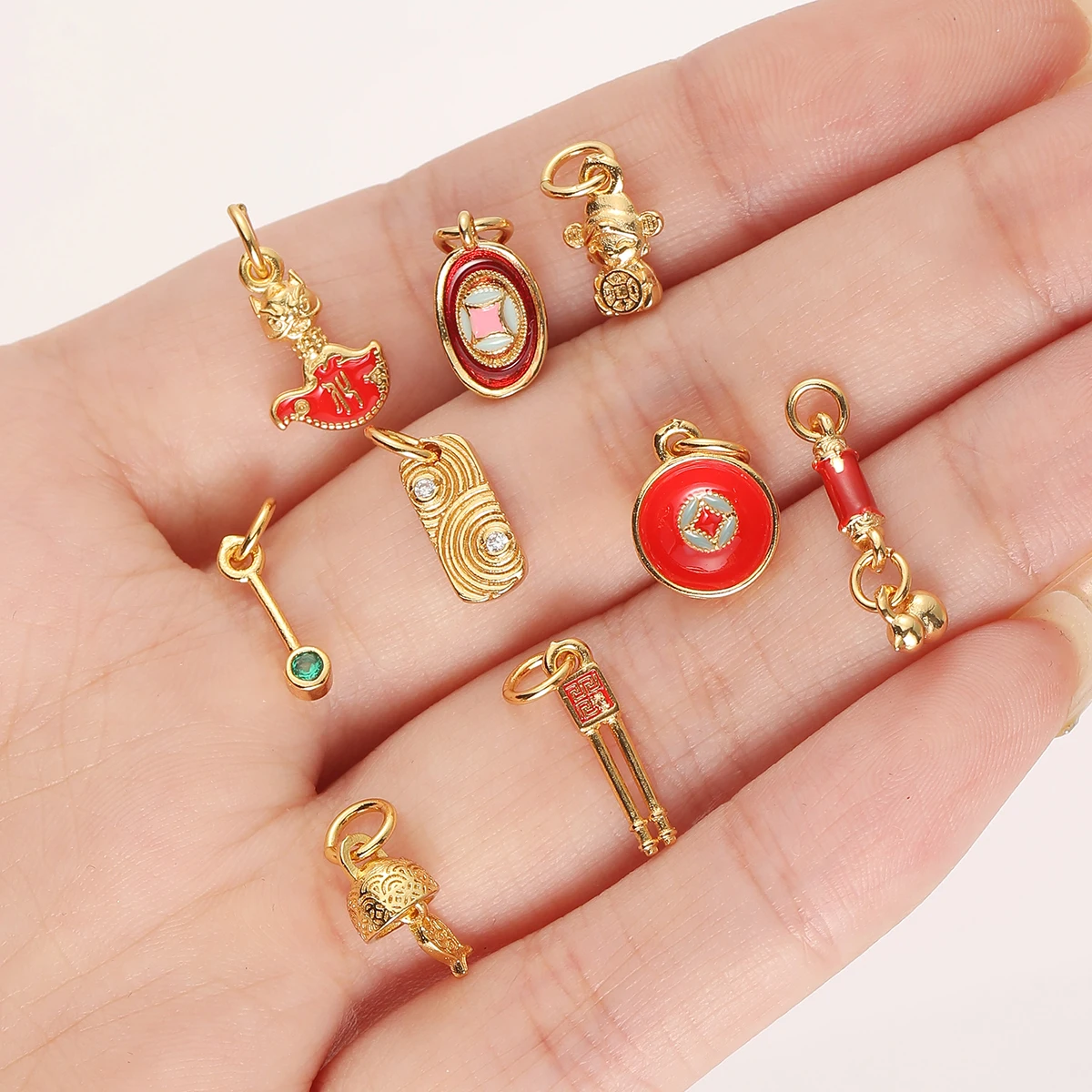 5Pcs/lot 24K Gold-Plated Copper Fortune Attracting Mini Pendant Charms for Jewerly Making DIY Necklace Accessory Findings