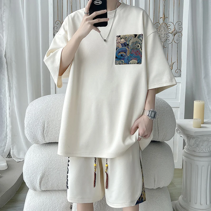 

Summer Men's Bear Patchwork ort Sve orts Set Sli Casual Sportswear Five-Quarter Sve Five-Quarter Pants T-irt