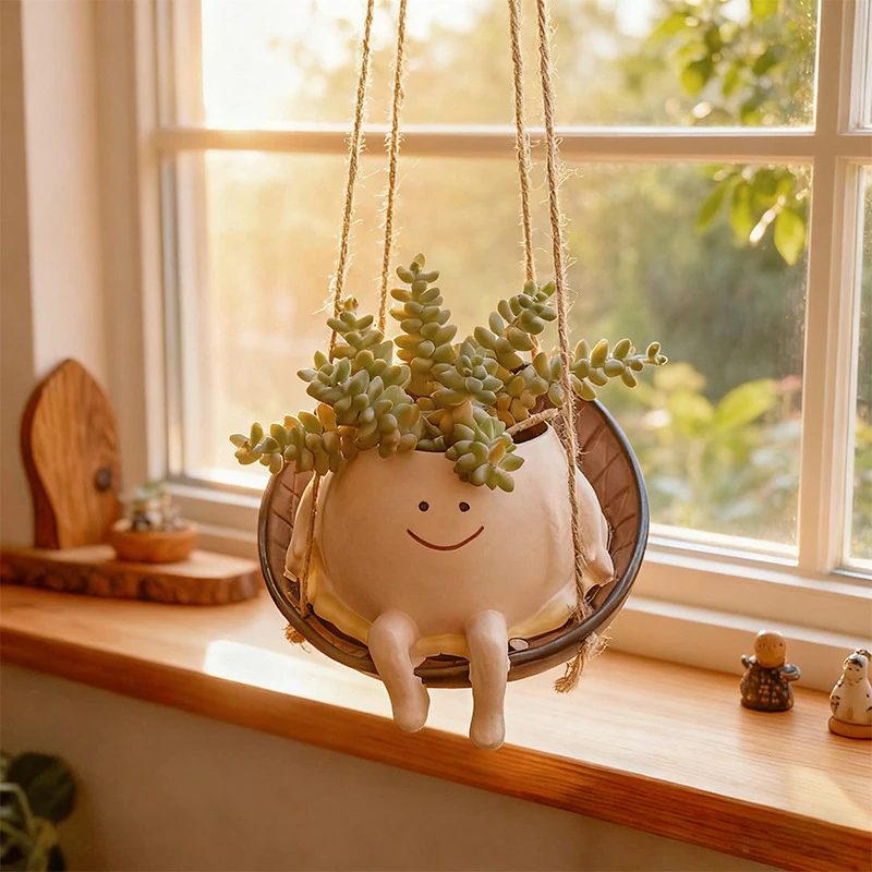 Adorable Happy Face Swing Resin Hanging Planter Whimsical Cartoon Character Flower Pot for Small Plants Succulents and Aesthetic