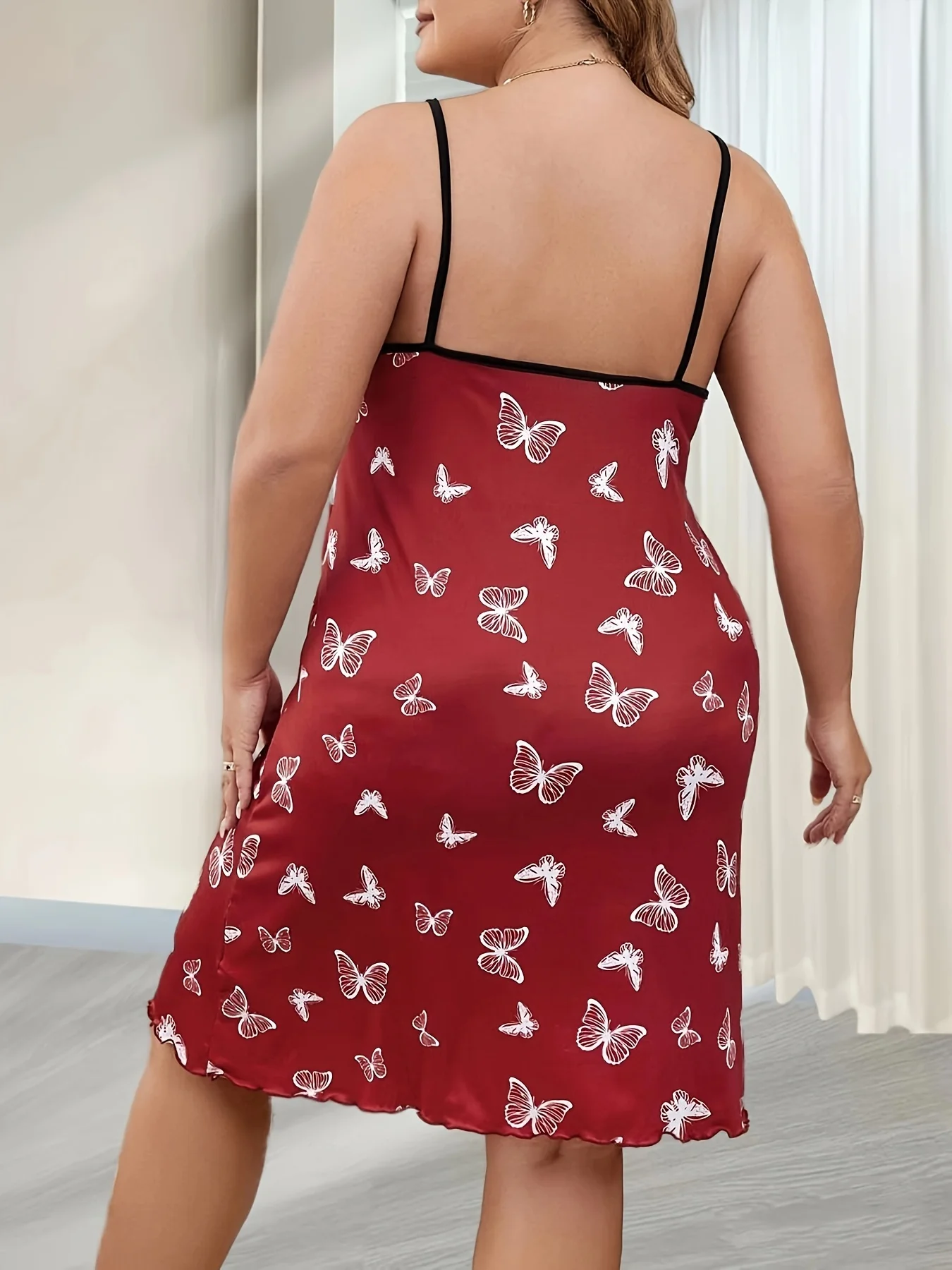 Summer new style lady fat sister full print butterfly print sexy style loose large size wooden ear milk silk sling nightdress