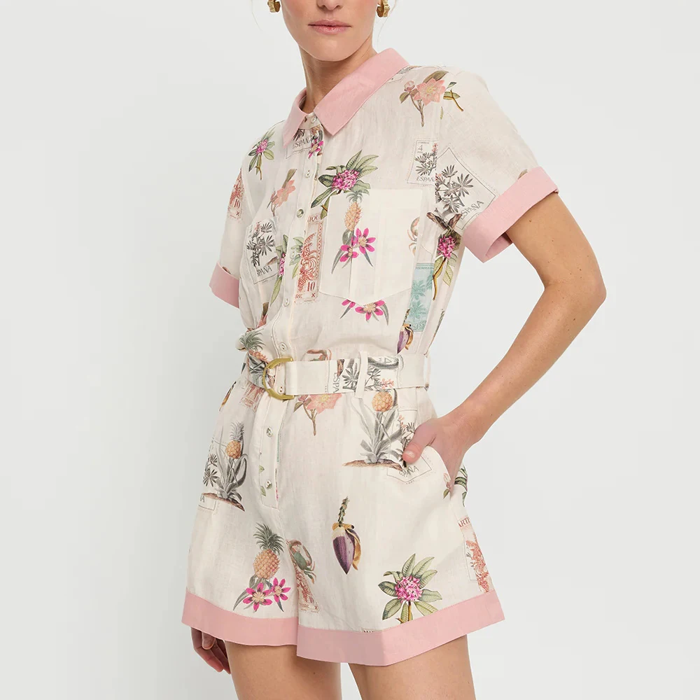 TWOTWINSTYLE Colorblock Spliced Pockets Rompers for Women Lapel Patchwork Single Breasted Printing Jumpsuit Female Clothing New