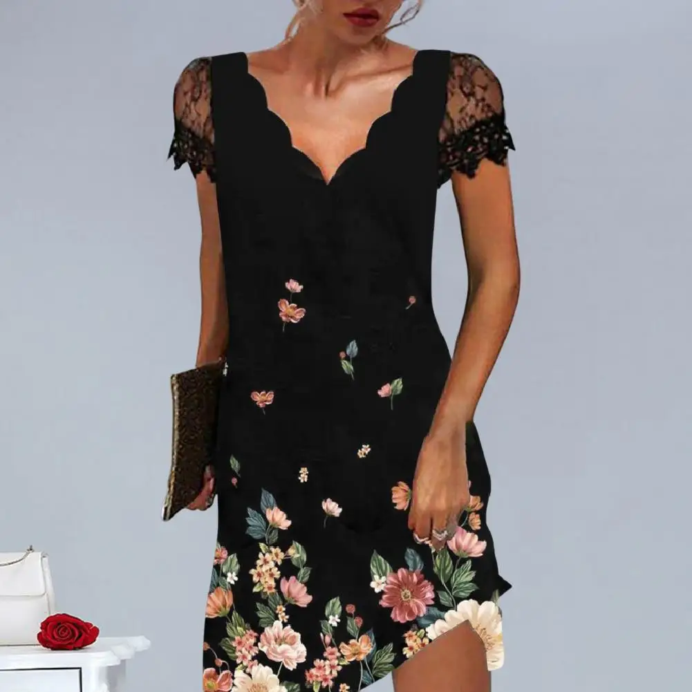 

Women Summer Dress See-through Lace Patchwork Printed Lady Dress Flower Edge V Neck A-line Loose Hem Short Sleeves Mini Dress