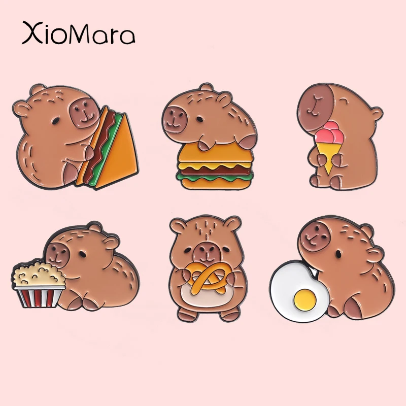 Cartoon Foodie Dolphin Enamel Pins Capybara Hamburger And Fried Egg Sandwich Brooches Lapel Badge Jewelry Wholesale Gifts