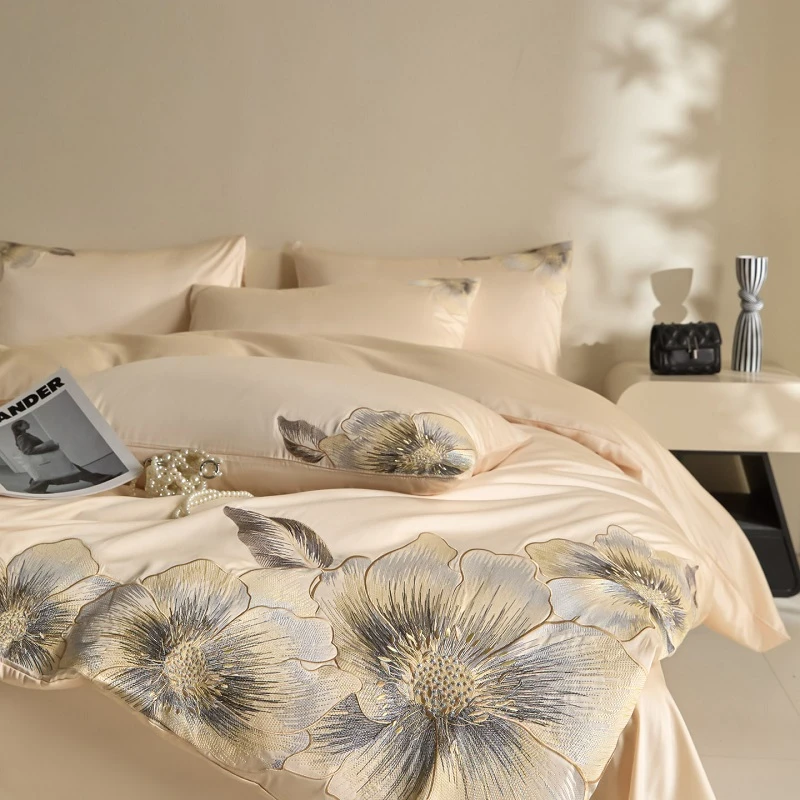 100% Egyptian Cotton Flowers Embroidery Luxury Bedding Set Single Double Queen King Duvet Cover Flat/Fitted Sheet Pillowcases