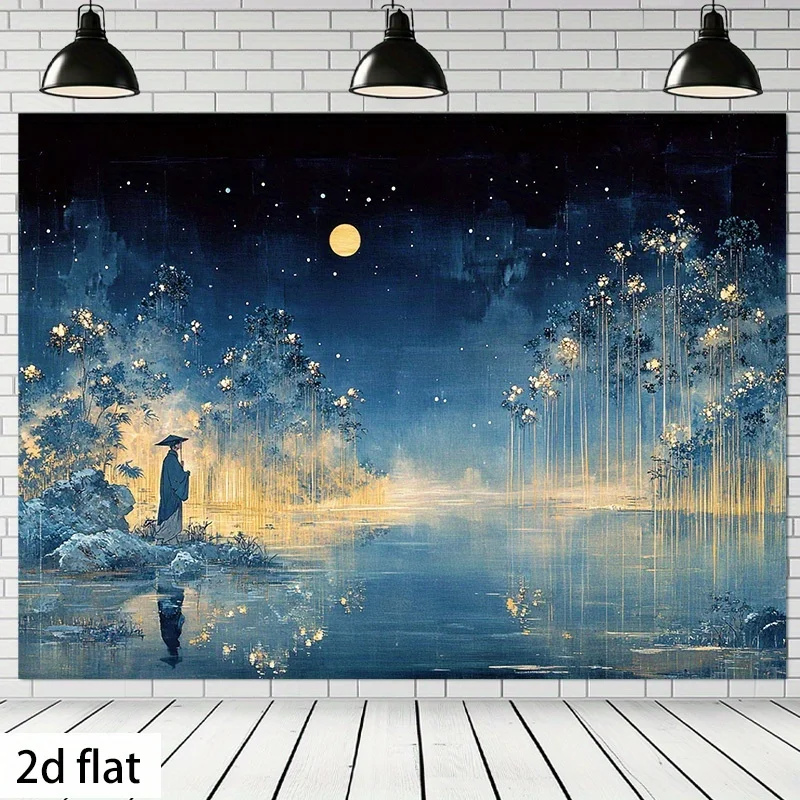 Tissu à fond plat 2D – Scène de nuit sérenuelle avec pleine lune et étoiles, matériau en polyester durable pour la décoration de la maison et du bureau, parti