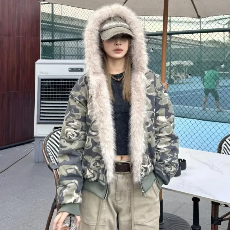 Women\'s Padded Jackets Hooded Plush Patchwork Camouflage Faux Fur Casual Thickened Male Coats New Winter