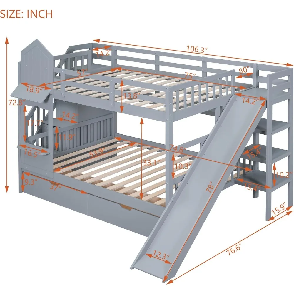 Litera para niños con escaleras y tobogán, litera completa de madera con almacenamiento, literas estilo castillo para niños, adolescentes, niñas y niños