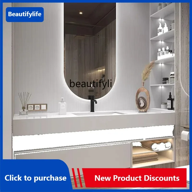 C85 Light Luxury Solid Wood Stone Plate Bathroom Cabinet Combination Whole Washbin Double-Layer Intelligent Washstand Sink