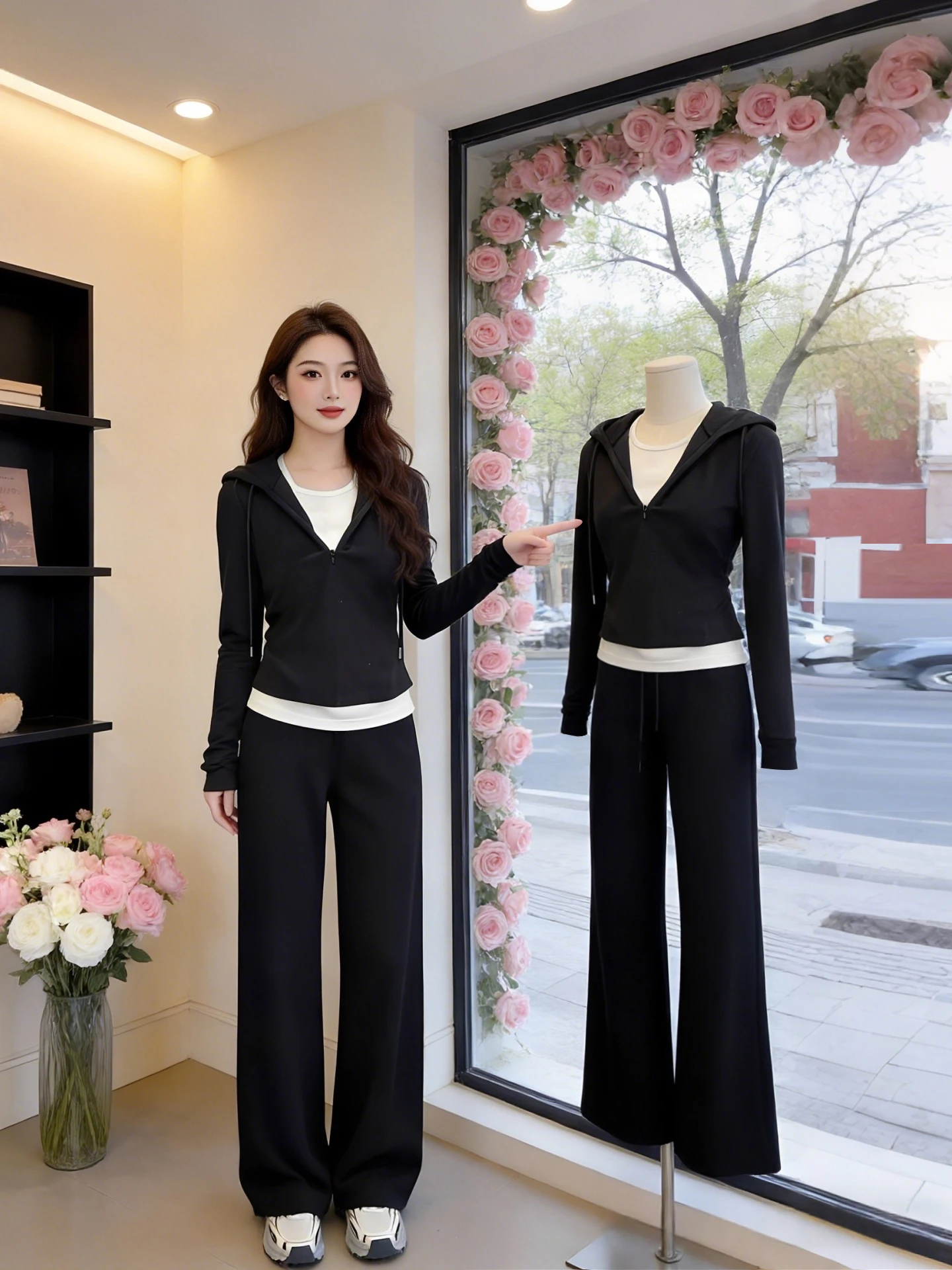 

Commute Style Fake Two-Piece Set Women's Spring 2026 Long Sleeve Hoodie Pants Outfit Small Size High Fashion Sensation