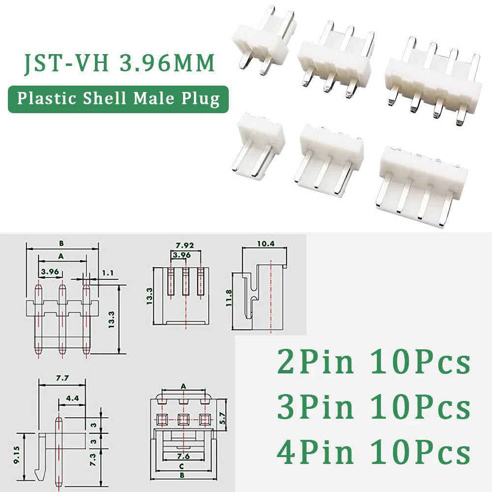 120Pcs/Box VH3.96mm Connector JST 3.96mm Pitch 2P/3P/4Pin Plastic Shell Male Plug + Female Housing + Pin Header Terminal Adapter