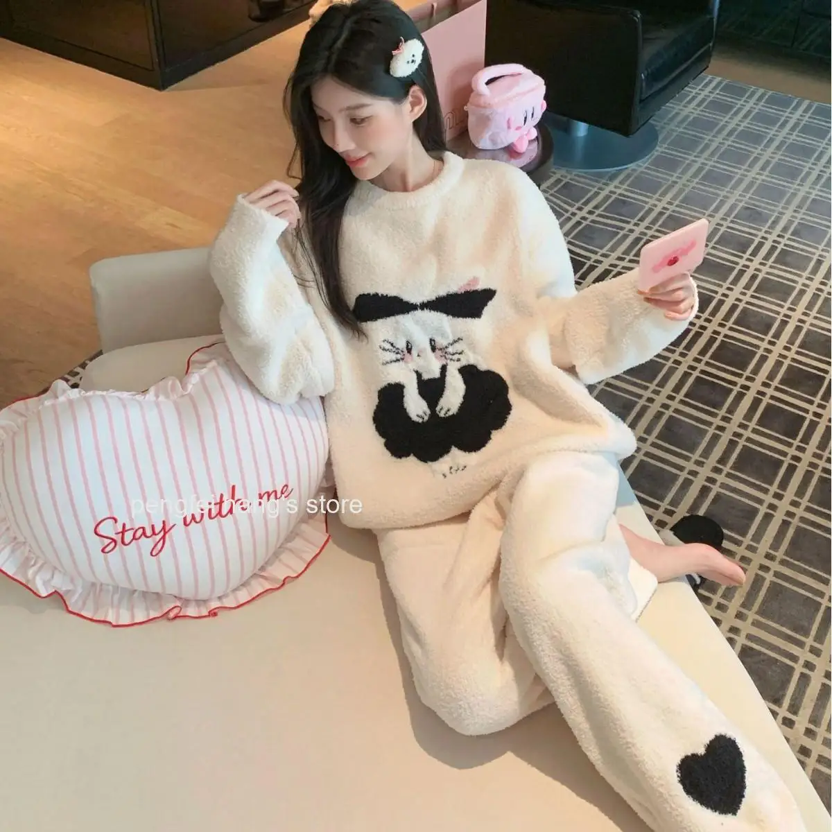 Women Winter Cute Teddy Bear Print Pajama Set Long Sleeve Thick Half Sided Fleece Sweet Casual Warm Loungewear Sleepwear Suit