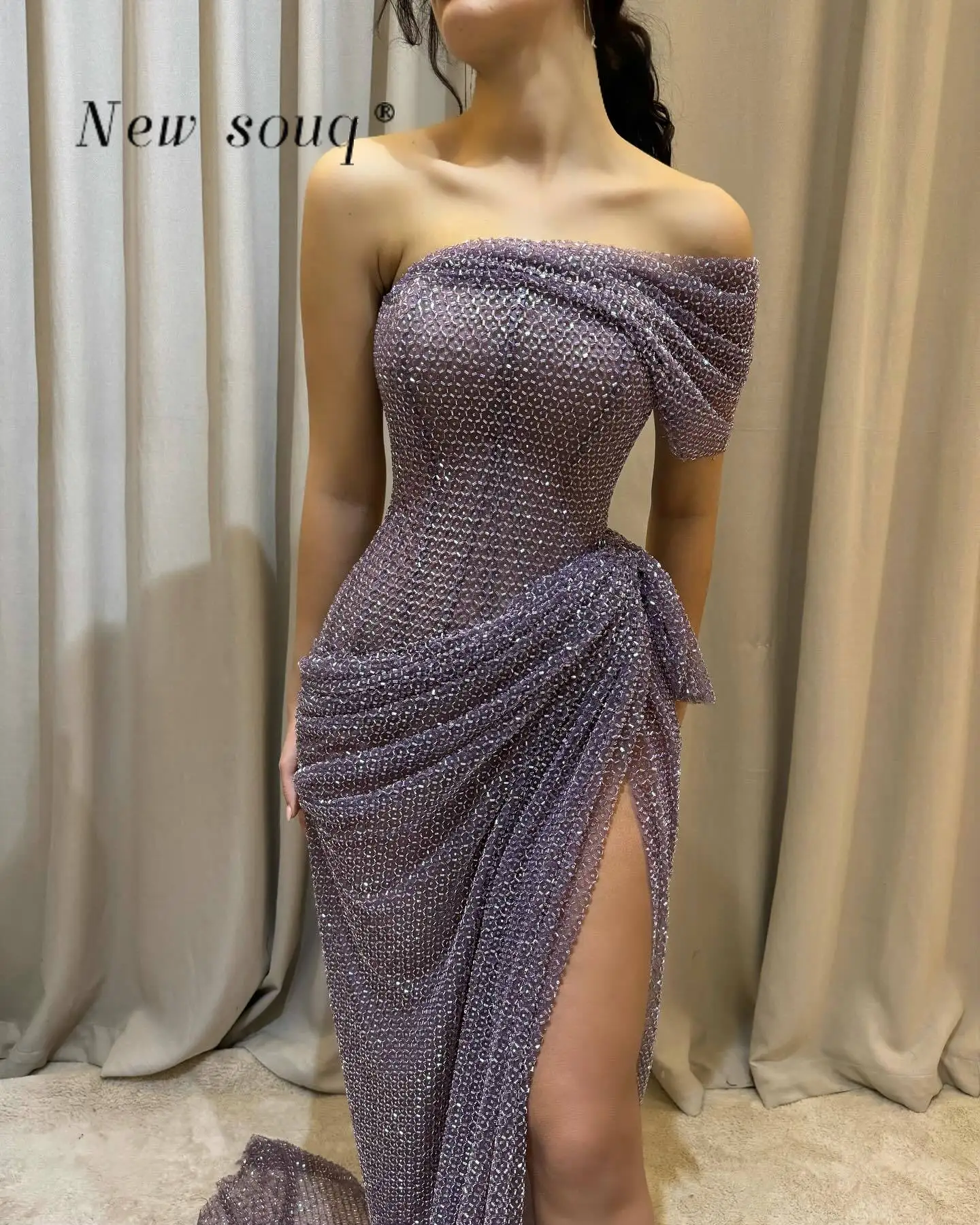 Purple One Shoulder Glittering Heavy Beaded Sequins Evening Dresses with Sexy High Side Slit Long Pleated Prom Night Party Gowns