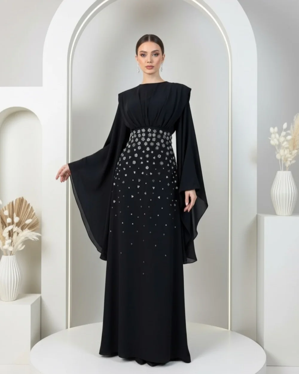 

Customized Intricate Sparkle Chiffon Pleat Beading Sequined Rhinestone A-line Scoop Neck Long Dresses Evening Dresses for Woman