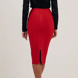 HQBORY Quality Red Split Bandage Skirt 2023 For Women Vintage Zipper Midi Pencil Bodycon Skirt Black High Waist Office Lady XL