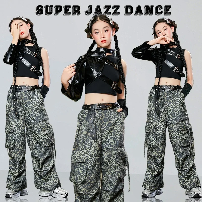 

Kids Hip Hop Clothing Street Wear Girls Jazz Dance Costumes Black Top Leopard Pants Children'S Stage Catwalk Outfits