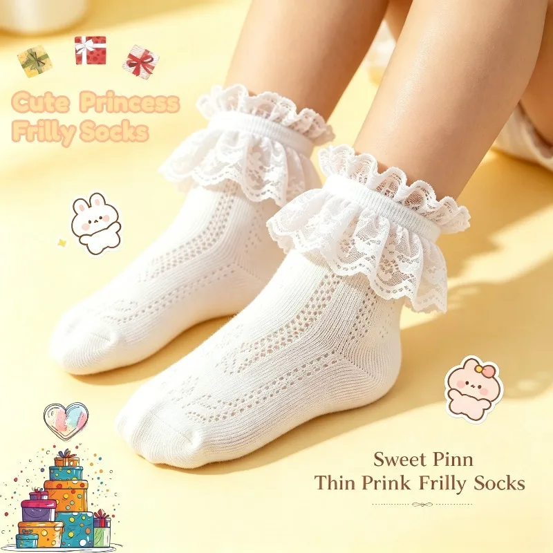 Girls Lace Ruffle Socks, Breathable Cotton Thin Frilly Socks Latin Dance White Socks For Kids Ballet Performance Daily Wear