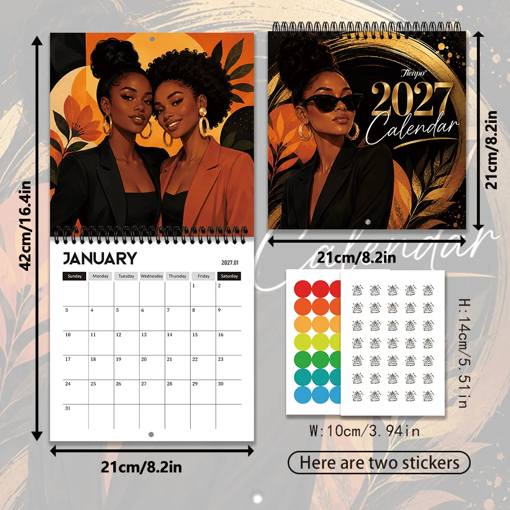 1pc 2027 African Art Woman Wall Calendar,12‑Month Planner,Gift For Back‑to‑School,Christmas,New Year,Free Stickers Included