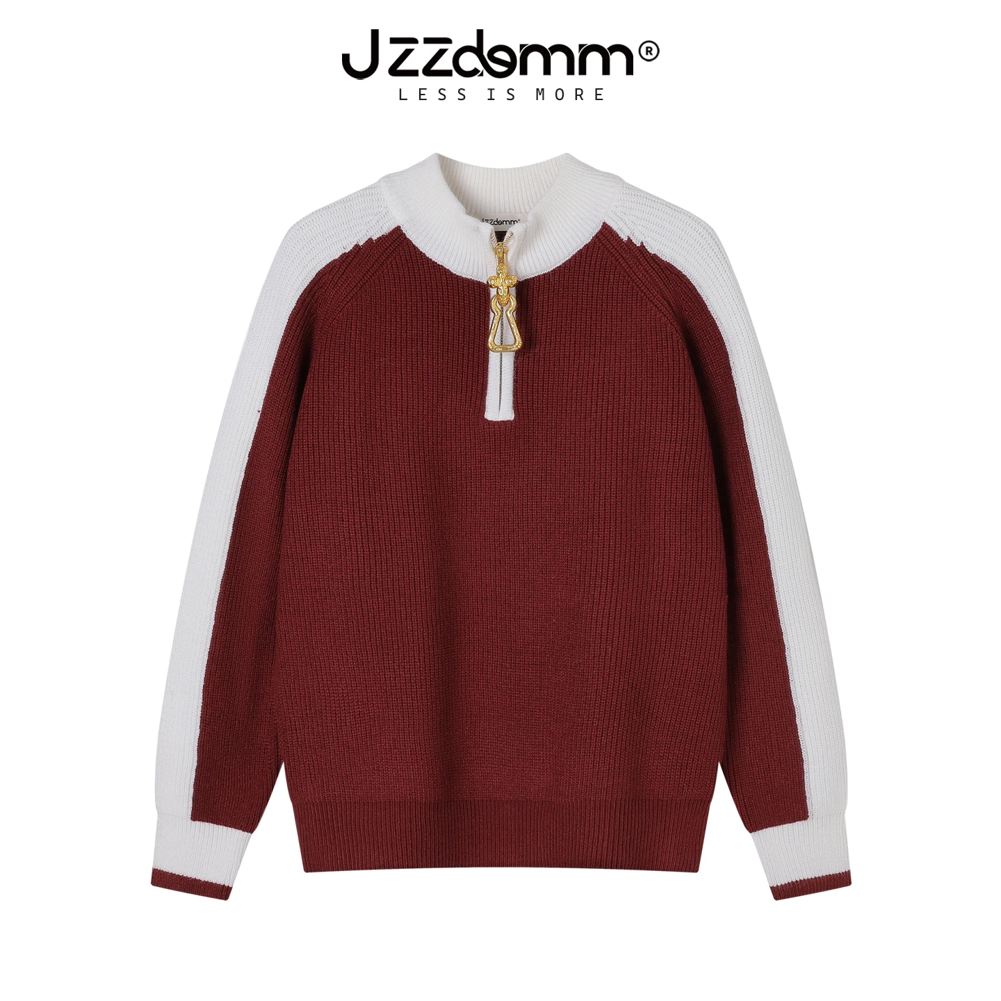Jesienno-zimowy sweter damski z metalowym pół-zipem, w nowym stylu color-block, dzianinowy, z designerskim akcentem, uniwersalny sweter do noszenia na wierzch.