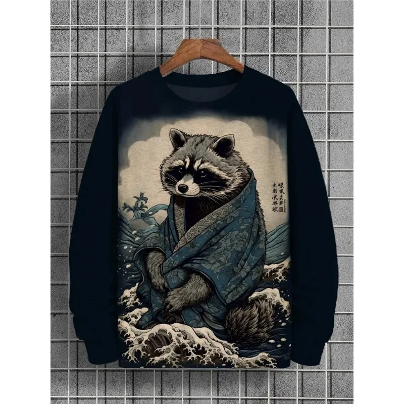 

Men's Raccoon Rough Sea Waves Japanese Art Printed Sweatshirt Funny Cool Tops Unisex Tracksuit New Harajuku Hiphop Streetwear