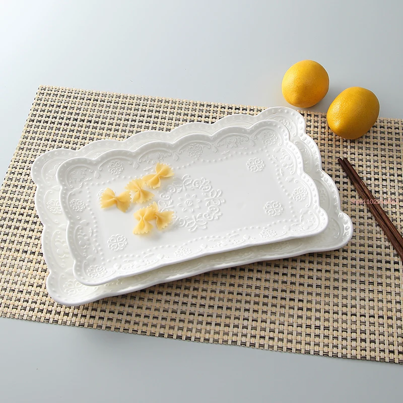 10inch, White Embossed Porcelain Vintage Plate for Buffet Serving, Ceramic Japanese Plates Sushi, Dinnerware for Sushi, Square