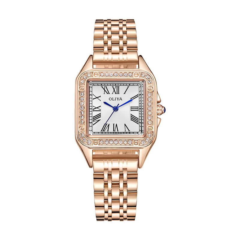 Light Luxury Waterproof Women\'s Watch Small Square Santos Series Fashion Diamond-encrusted Stainless Steel Quartz Watch