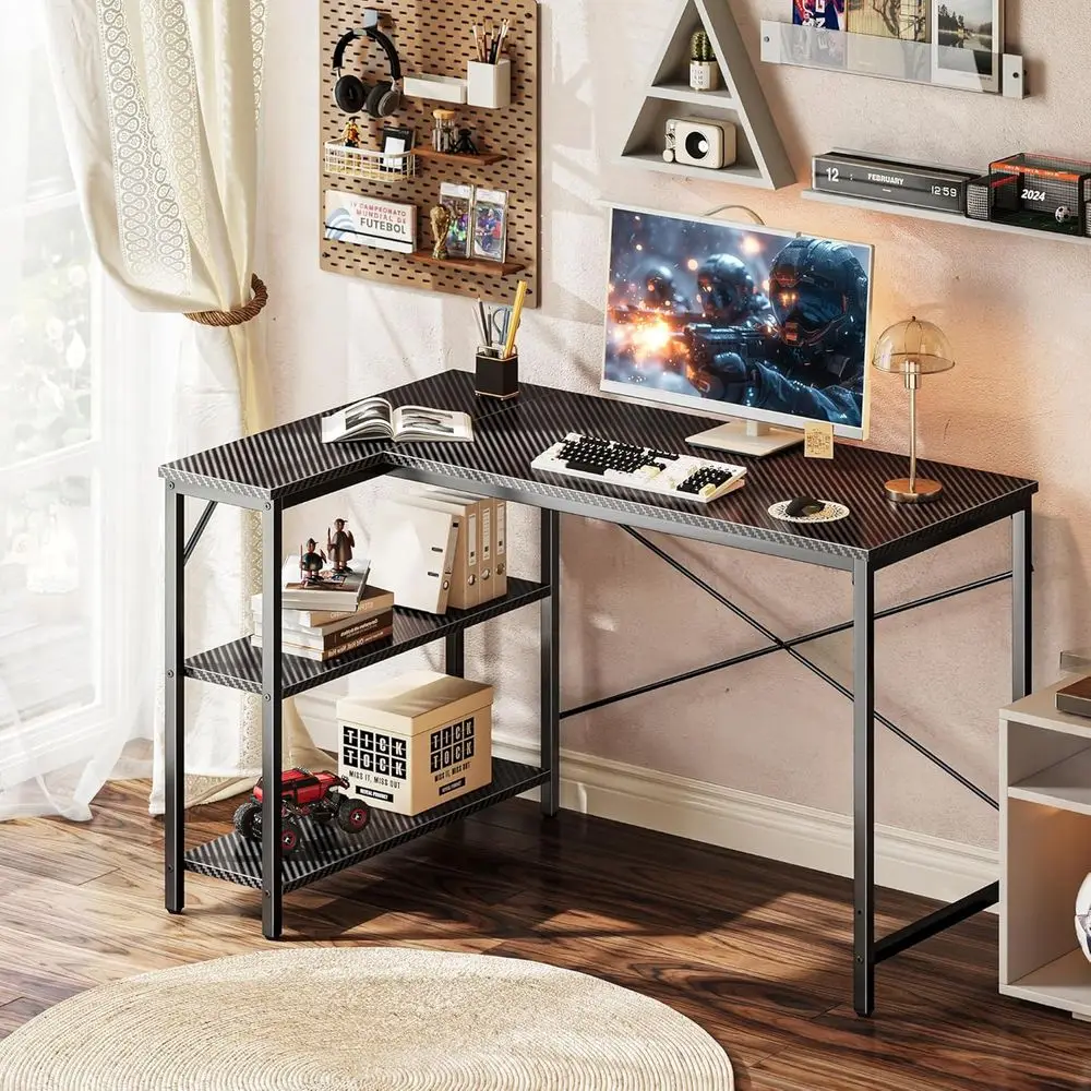 47 Carbon Fiber L-Shaped Desk with Reversible Shelves for Gaming and Home Office