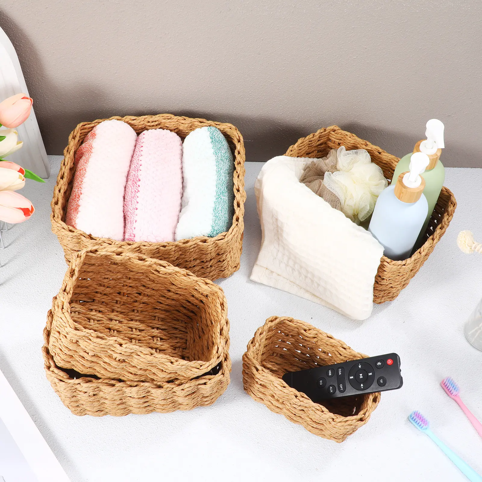 

5Pcs Handwoven Storage Basket Set Rustic Seagrass Organizer Desktop Sundries Holder Bedroom Living Room Shelves Pantry Decor