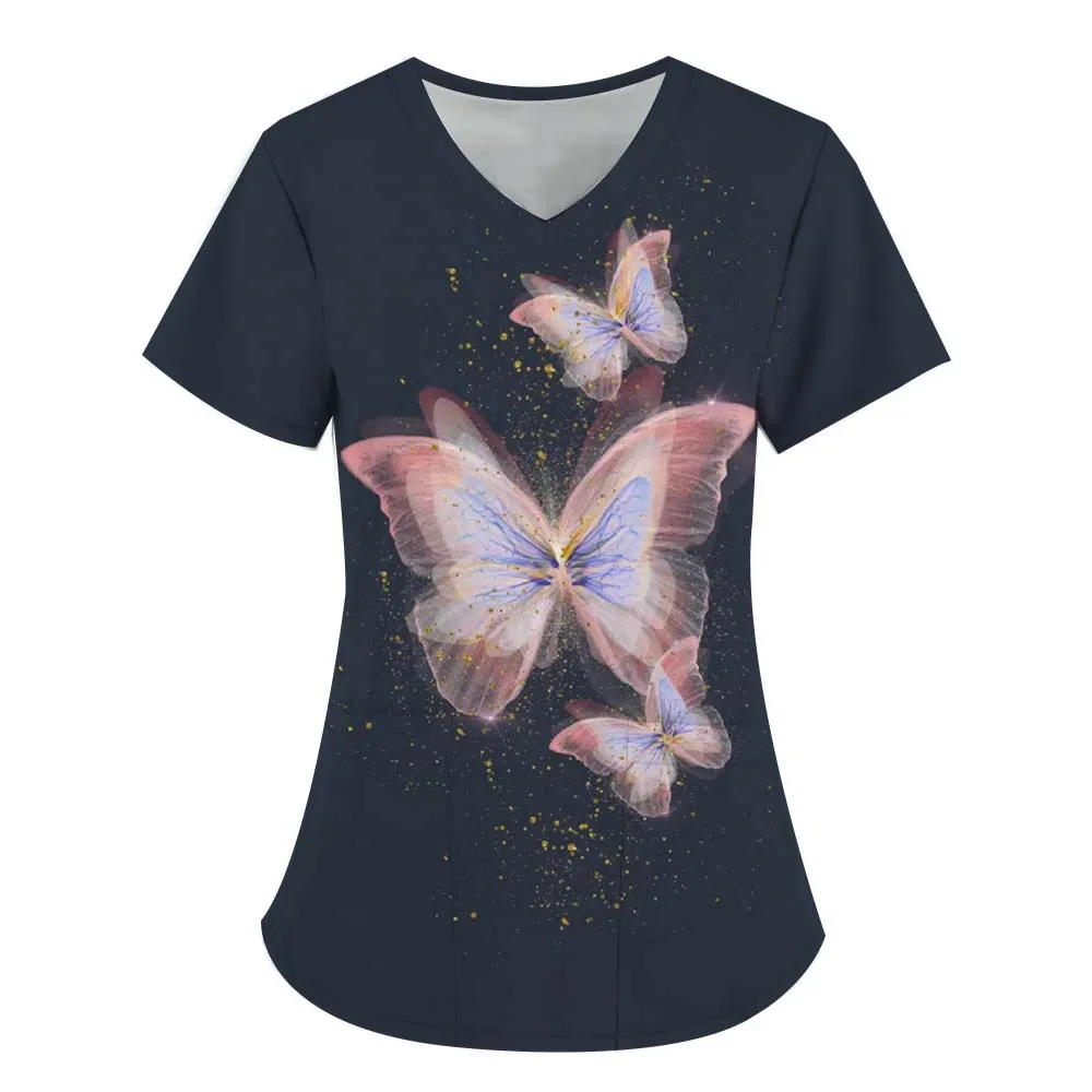 ชุดยูนิฟอร์มแพทย์หญิง พิมพ์ลายผีเสื้อ 3 มิติ คอวี มีกระเป๋า ชุดทำงานสำหรับสัตวแพทย์ ชุดพยาบาลสำหรับผู้หญิง