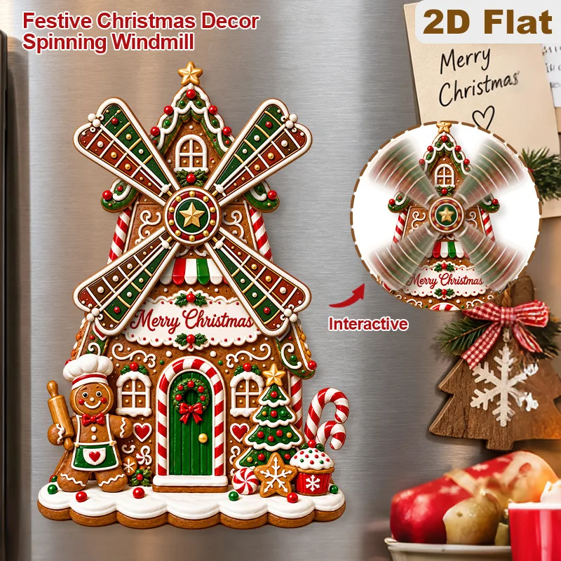2D Flat 1pc Wooden Christmas Chef Gingerbread Man Windmill Gingerbread House Spinning Fridge Magnet, Interactive Magnetic