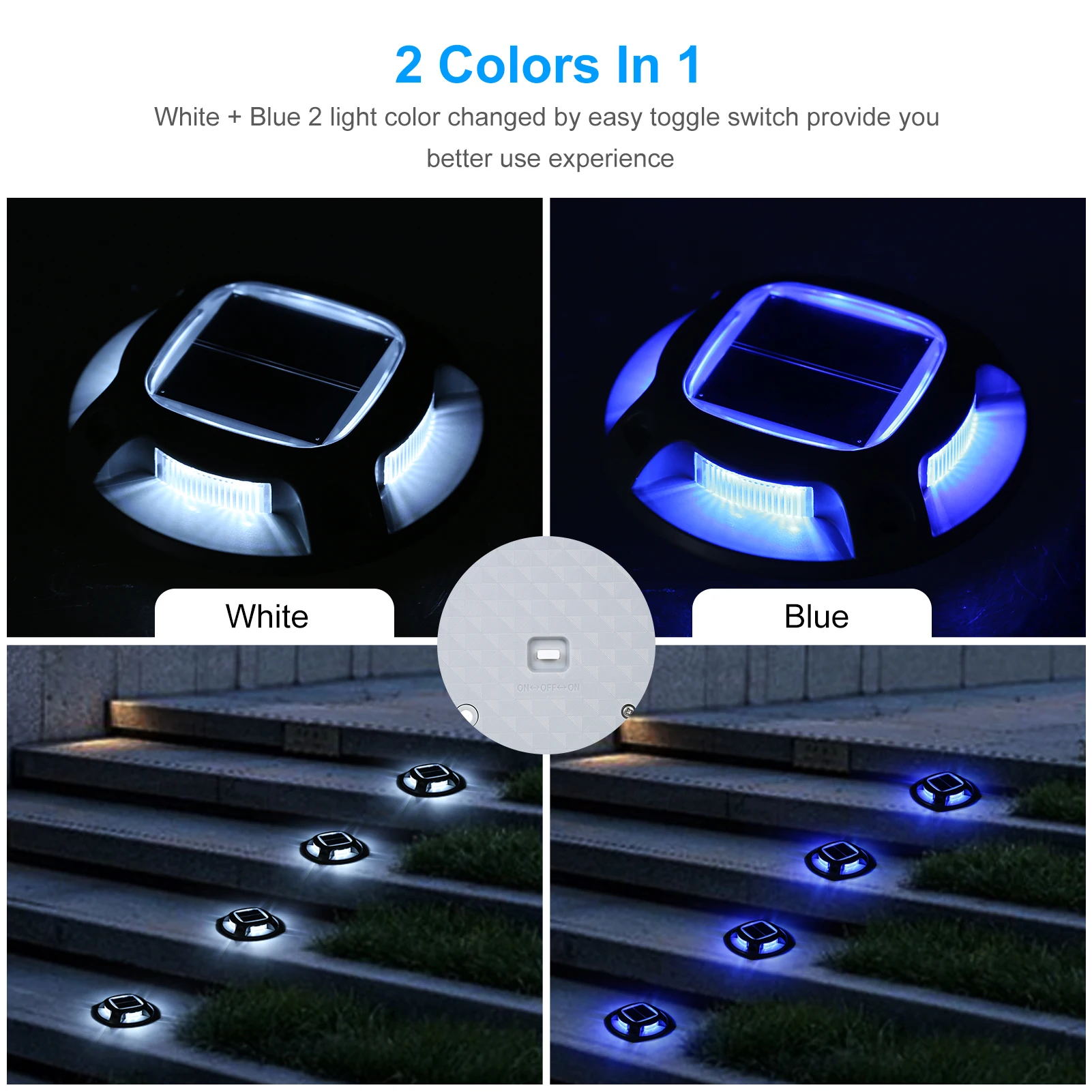 4PCS Solar Powered 8LEDs Ground Driveway Light Deck Lamp IP68 Waterproof Built-in 600mAh Rechargeable Cell Blue+White Switchable