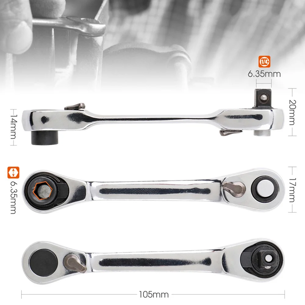 Mini Treble 1/4 Ratchet Wrench Double Ended Quick Socket Ratchet Wrench Screwdriver Hex Torque Wrenches Set 2-in-1 Spanner