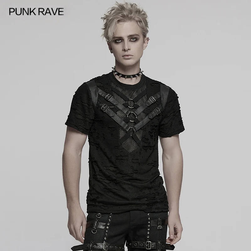 PUNK RAVE Men's Punk Tattered Mesh &rubberized Visual T-shirt Metal Rings Webbing Segmentation Streetwear Cool Handsome Tops