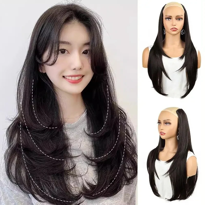 Wig rambut palsu untuk wanita, 22 inci sintetis bentuk V berlapis 4 klip rambut panjang lurus modis