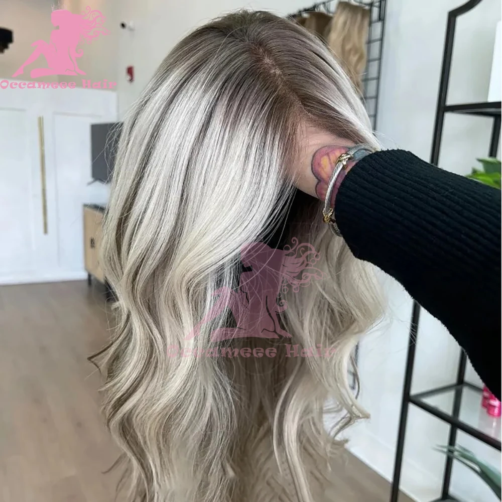 Peruca de cabelo humano com destaques, Raízes escuras, Ombre Ash Grey, Lace Frontal Transparente, 100% cabelo humano, 13x4 Lace Front Perucas com cabelo de bebê